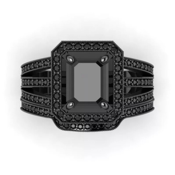 Jewelry - Black Emerald Cut Halo Puzzle Wedding Ring Set